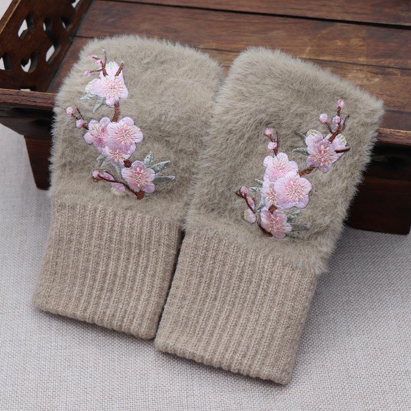 Embroidered Ethnic Style Half-Finger Warm Gloves for Autumn & Winter