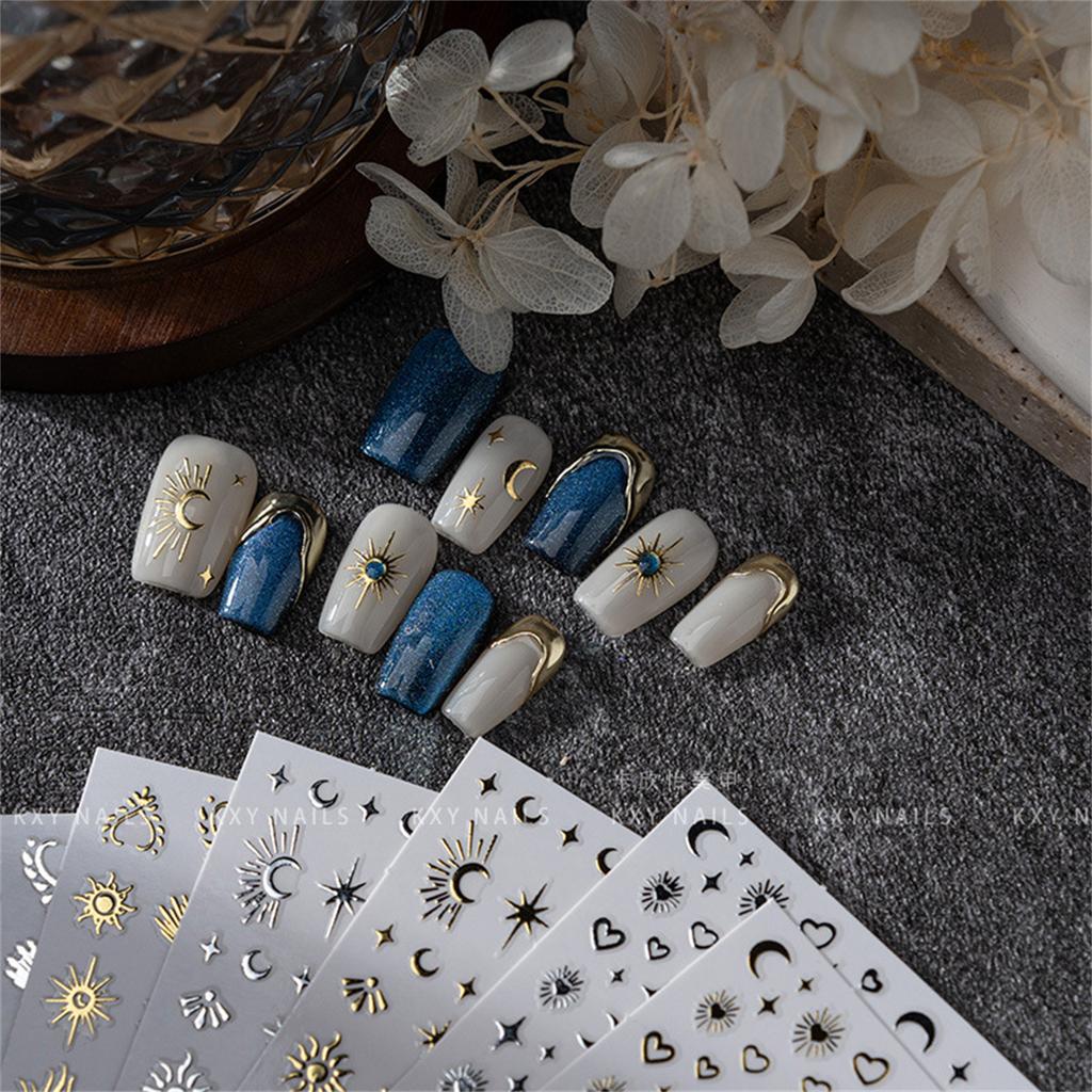 Random 5pcs Gold Silver Nail Art Decal Stickers Mixed Shapes Design Self-adhesive Sticker Acrylic Manicure Decorations Accessory