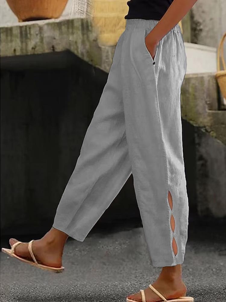 "Women's Cotton-Linen Trousers with Side Pockets and Hollow Buttons - Stylish European and American Design for Spring and Autumn"