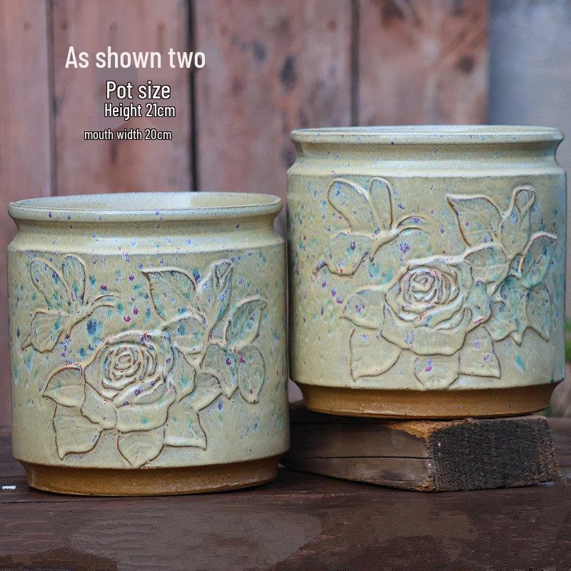 Handmade Embossed Rose Ceramic Succulent Pot, Tall Breathable Coarse Pottery, Large Mouth Plant Pot with Flower Design.