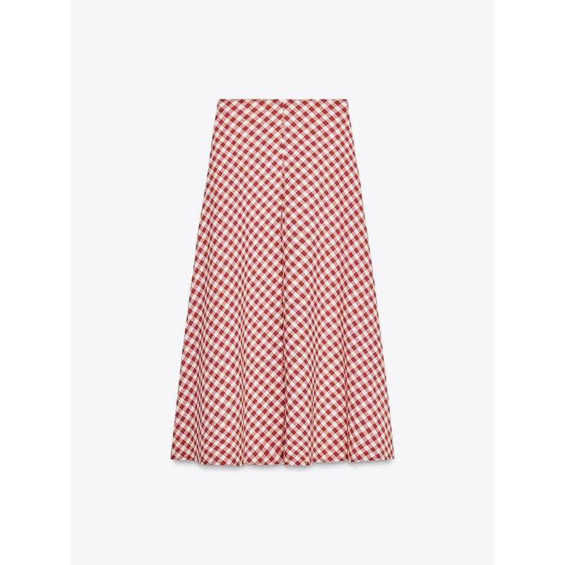 

Za2025 Spring New Women s Clothing Versatile Lattice Vichy Plaid Midi Skirt Skirt Long Skirt 3152417 061 Red L