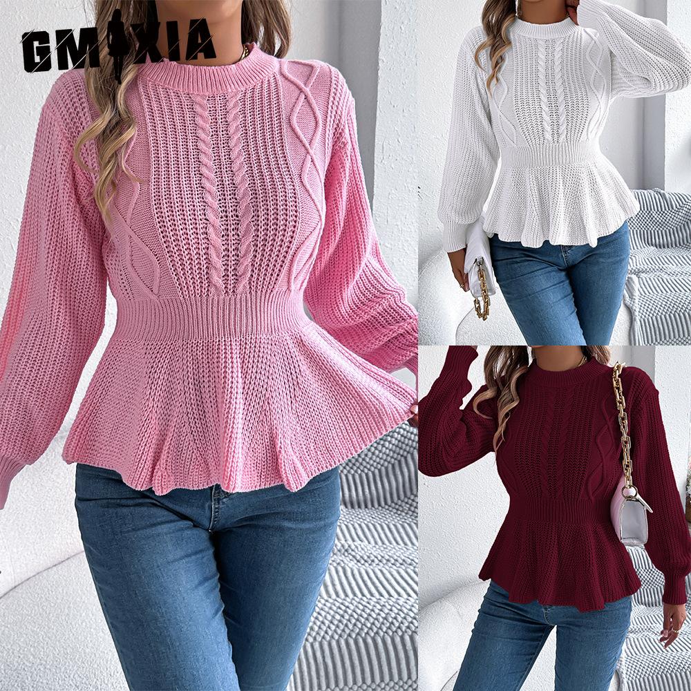 GMXIA Autumn and Winter Solid-color Braided Waist-cinched Ruffled Long-sleeved Pullover Sweater for Women
