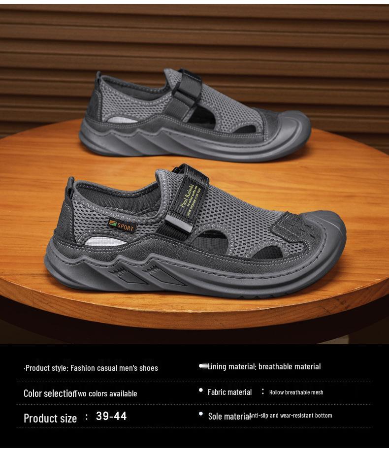 Men's 2024 Summer Genuine Leather Mesh Sandals - Breathable Soft Sole Casual Beach Shoes