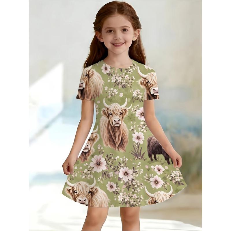 Adorable 3D Butterfly Print Dress for Girls with Vibrant Color Gradients, Glitter Accents, Short Sleeves,