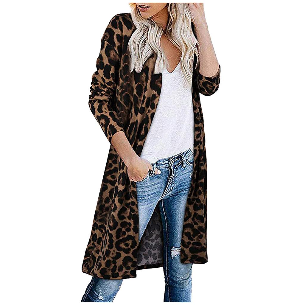 Women's Open Front Leopard Cardigan Pockets Long Sleeve Lightweight Sweater Coat