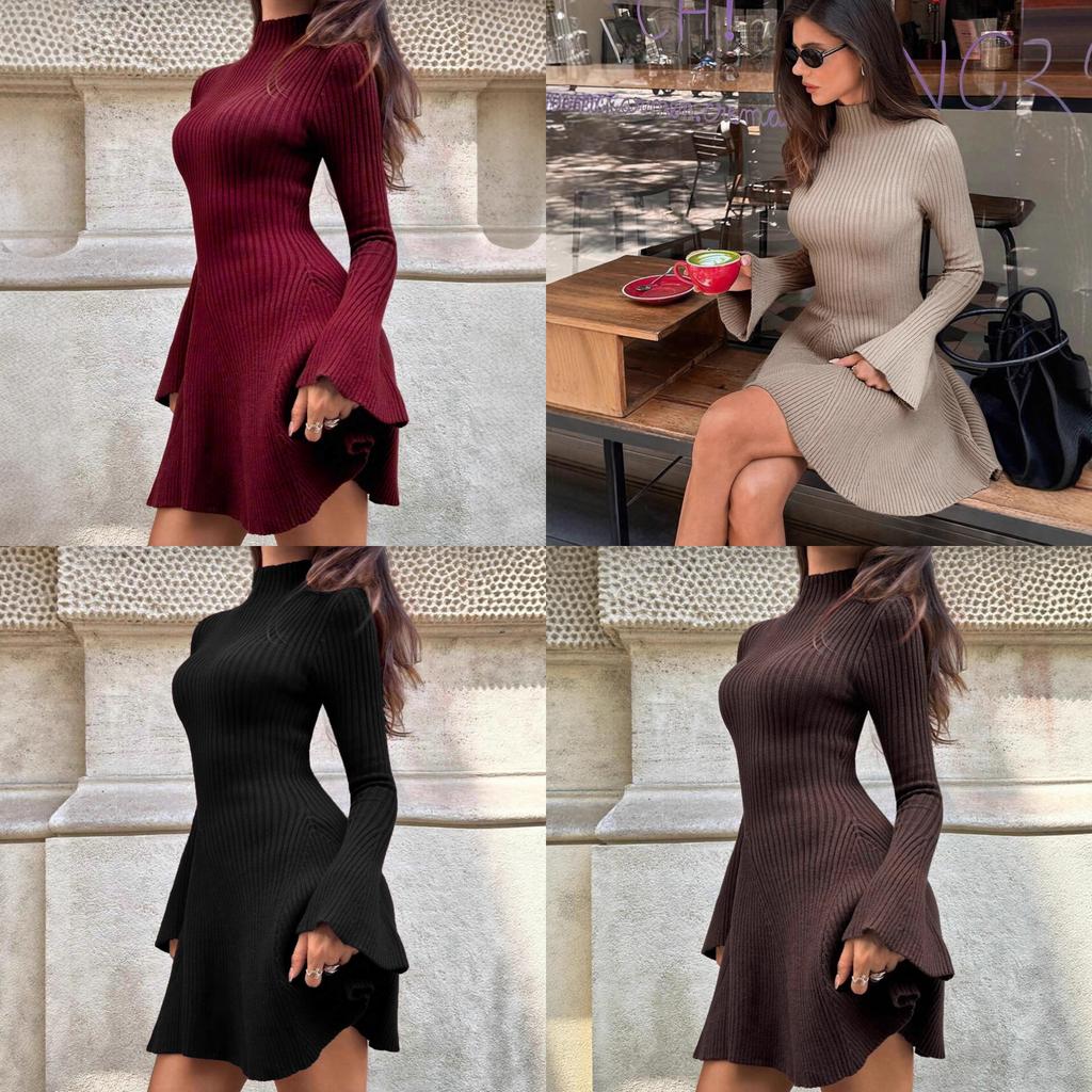 Street Style Pletené Šaty s Dlouhým Rukávem, Jednobarevné, Vysoký Výstřih pro Městské Ženy