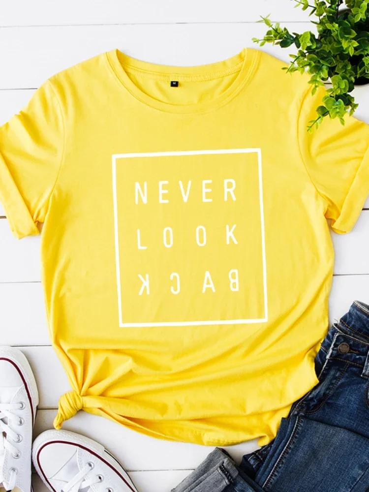 NEVER LOOK BACK Letter Print T Shirt Women Short Sleeve O Neck Loose Tshirt Summer Women Tee Shirt Tops Camisetas Mujer