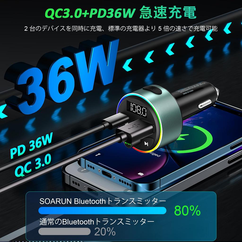 Încărcător auto SOARUN cu transmițător FM, Bluetooth, cu încărcare rapidă, 2 porturi, compatibil cu Siri și Google