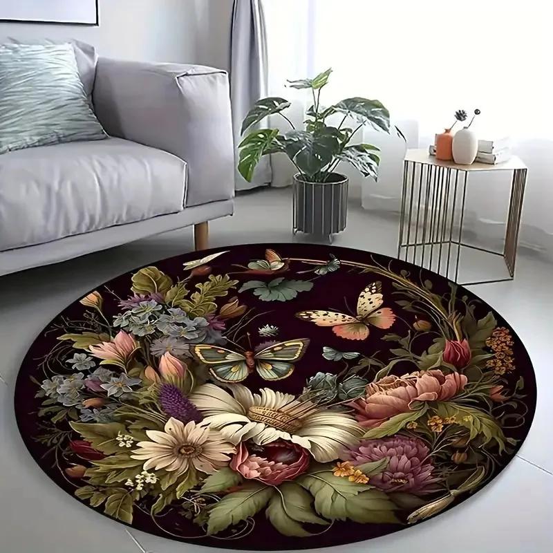 

Colorful Floral Wreath Round Rug with Butterflies & Sunflowers – Nature-Inspired Home Decor for Living Room or Bedroom Diameter 60cm