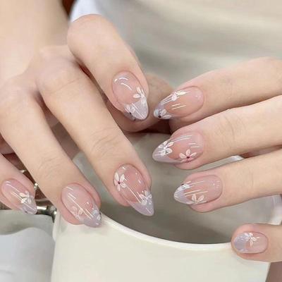 Floral Removable Short Almond-Shaped Press-On Nails