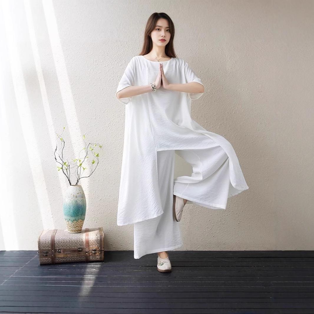 

Элегантный женский костюм для дзен тай-чи и йоги - двухпредметный комплект национального стиля однотонной расцветки для утренней зарядки и медитации M белый