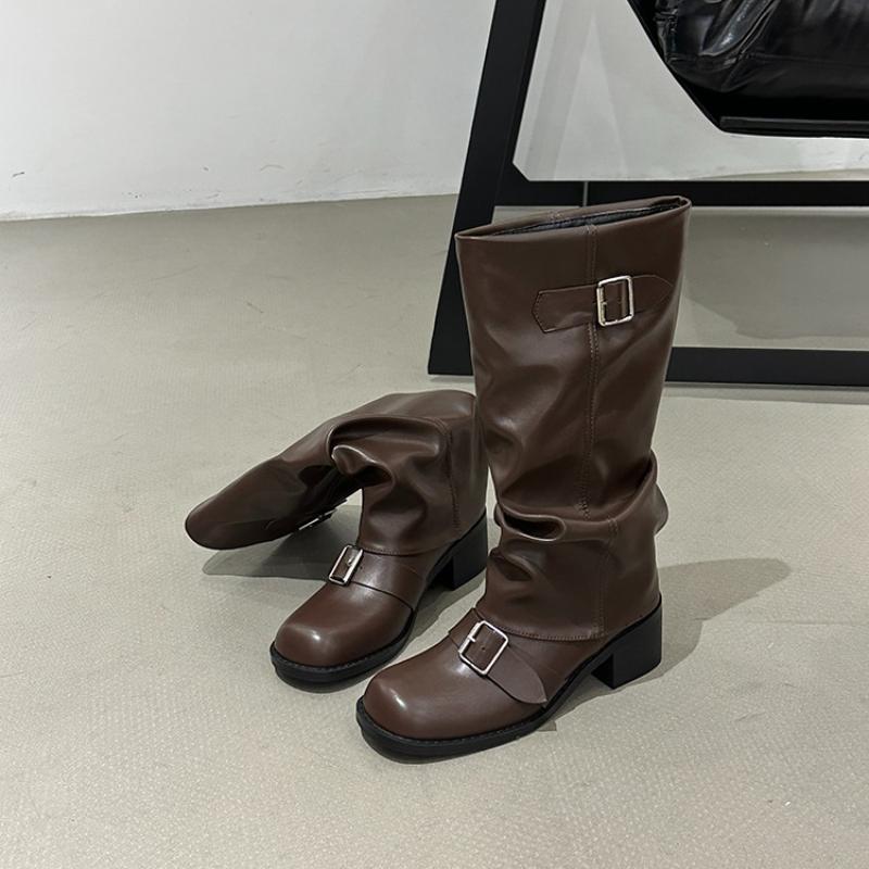

Winter Vintage Pleated Woman Knight Boots Fashion Belt Buckle Thick Heel Shoes Ladies Slip On Modern Mid Calf Botas 35