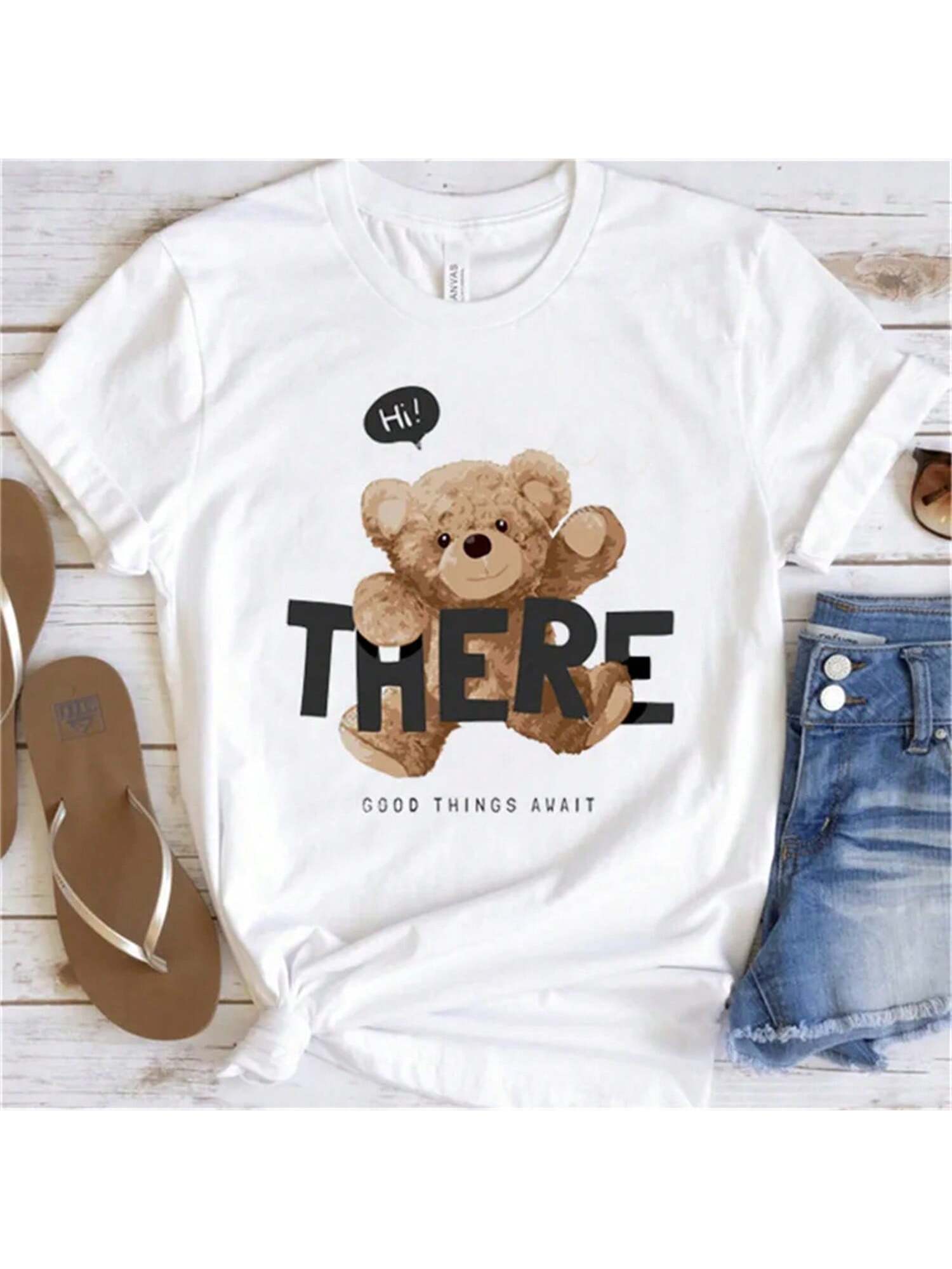 Simple And Funny Cute  T-Shirt Wounisex s T-Shirt Summer Short Sleeve Cute Bear Print Clothing Fashion Wounisex s Pattern Top. S разноцветный