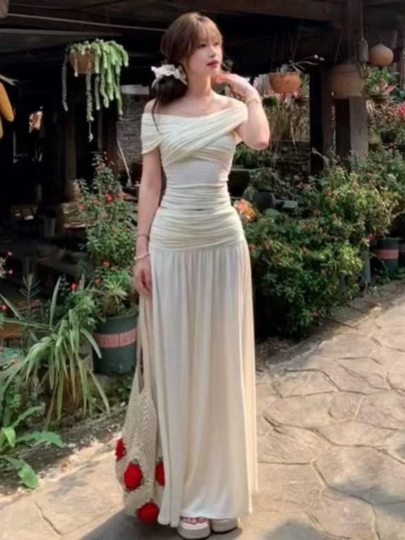Women's French White Off-Shoulder Top & Knit Midi Skirt Set - Gentle Spring Design