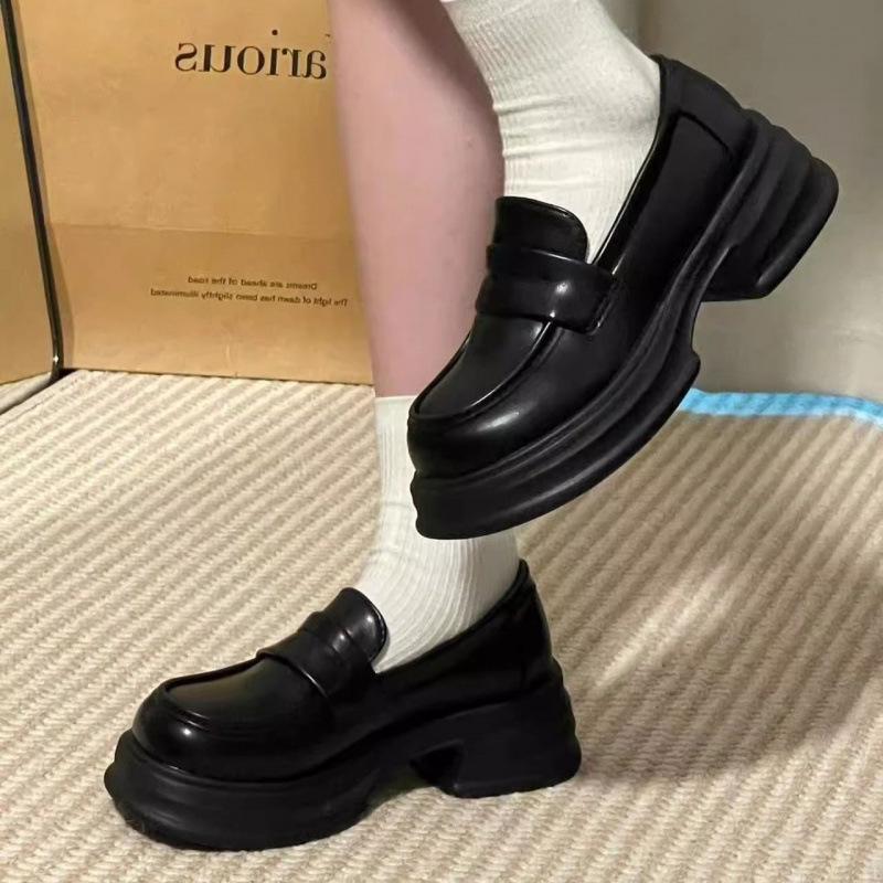 Single Shoe Women's Black College Style Small Leather Shoes Versatile British Loafers Uniform Shoes Round Toe Thick Sole