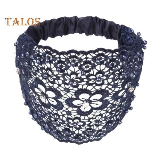 

Женская повязка на голову с цветочным узором, блестящие стразы, искусственный жемчуг, резинка для волос, высокая эластичная широкая резинка для волос синий