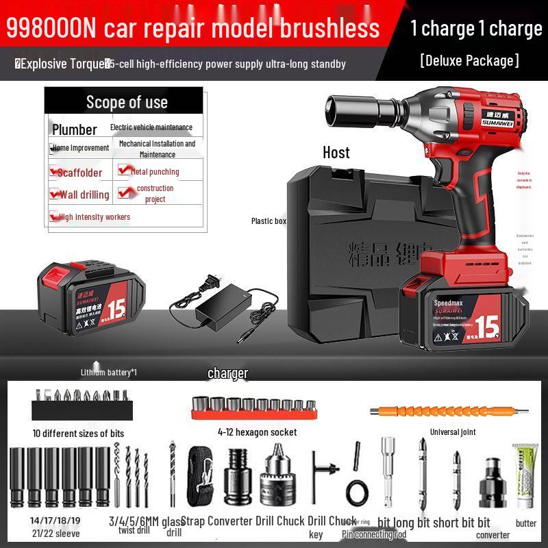 High Torque Brushless Electric Impact Wrench with Rechargeable Lithium Battery for Woodworking, Scaffold, and Auto Repair