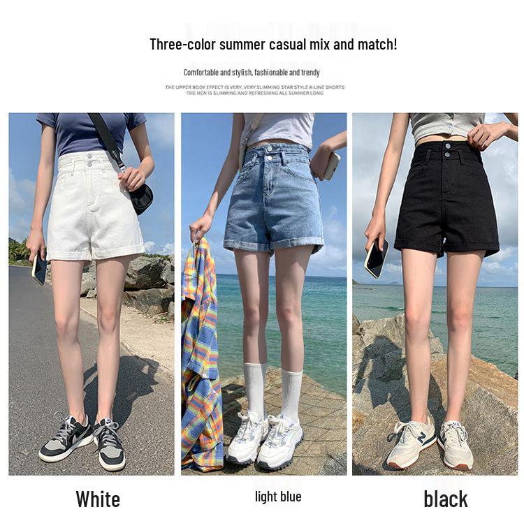 Women's High Waist A-Line Denim Shorts - Summer Straight Leg, Double Button, Loose Fit with Rolled Hem, Trendy Wide Leg Design