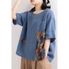 Plus Size Irregular Patchwork Print Retro Print Loose Cotton Linen Short Sleeve T-Shirt Women's Crew Neck Top Summer Tee
