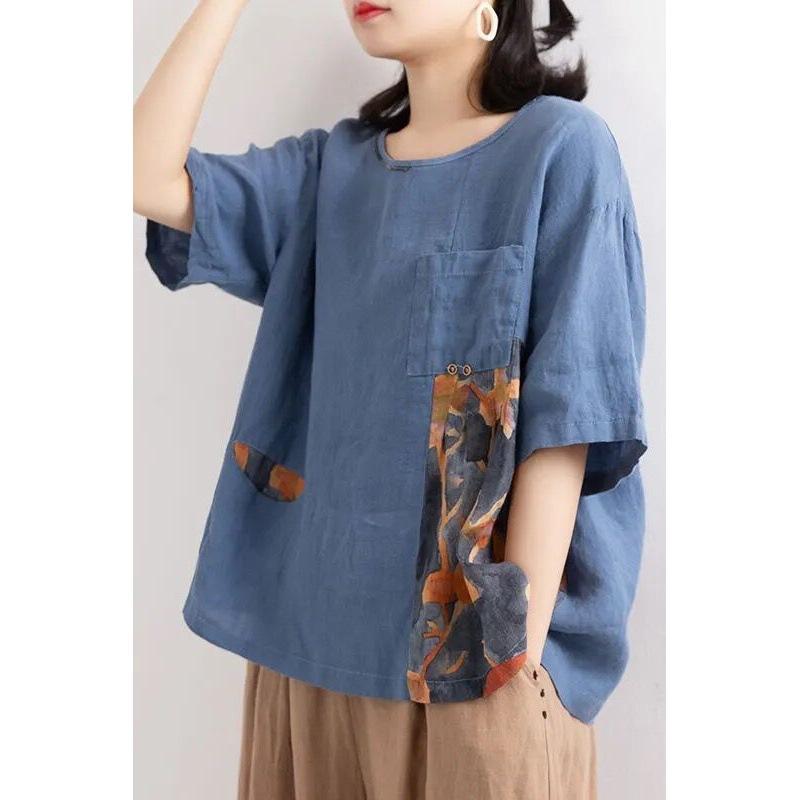 Plussstørrelse Irregulær Lappeteppetrykk Retro Trykk Løs Bomull Lin Kort Ermet T-skjorte Dame Crew Neck Topp Sommer T-skjorte