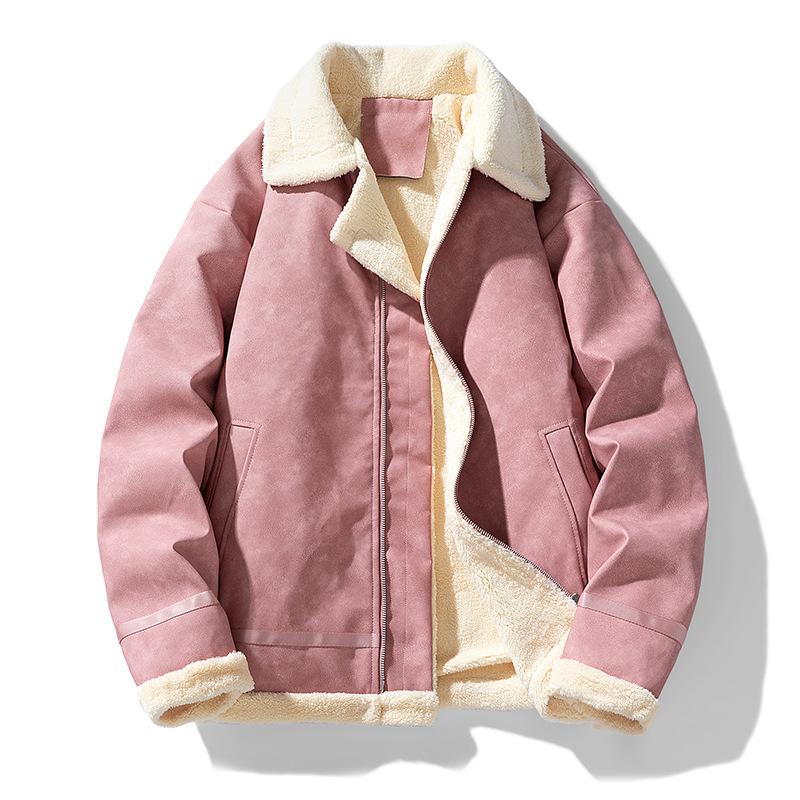 

Корейская версия лацкан и плюшевая куртка из искусственной кожи для мужчин, теплая зимняя куртка, толстое пальто для подростков, повседневная кожаная куртка XXXL розовый