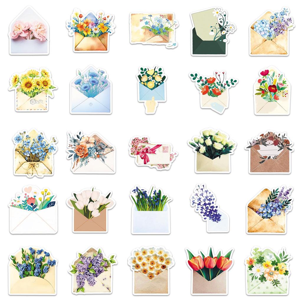 50pcs Creative Cartoon Envelope Bouquet Graffiti Stickers for Phone Cases, Desktops, Helmets