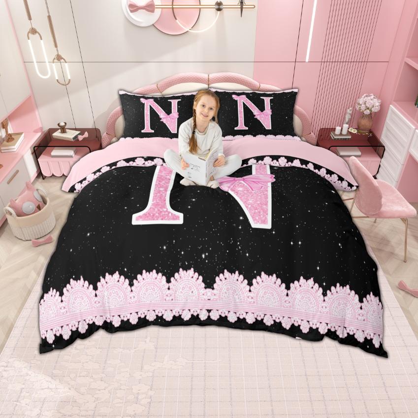 Homewish Personalized Initial M To Z Duvet Cover Set For Girl Black Pink Bedding Set Monogrammed Theme Bedroom Set Room Decor