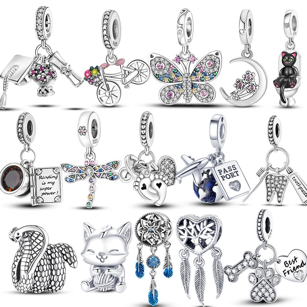 925 Sterling Silver Cz Dangle Baby Footprints wisiorek z motywem zwierzęcym koraliki Fit bransoletka naszyjnik prezent