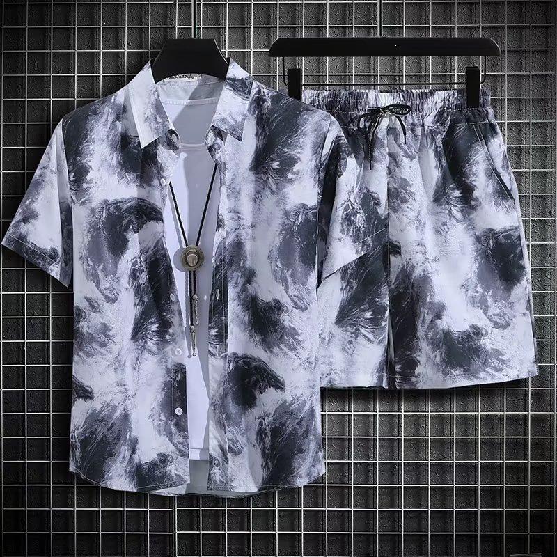Men's Retro Floral Short-Sleeve Shirt & Beach Shorts Set for Seaside Vacations