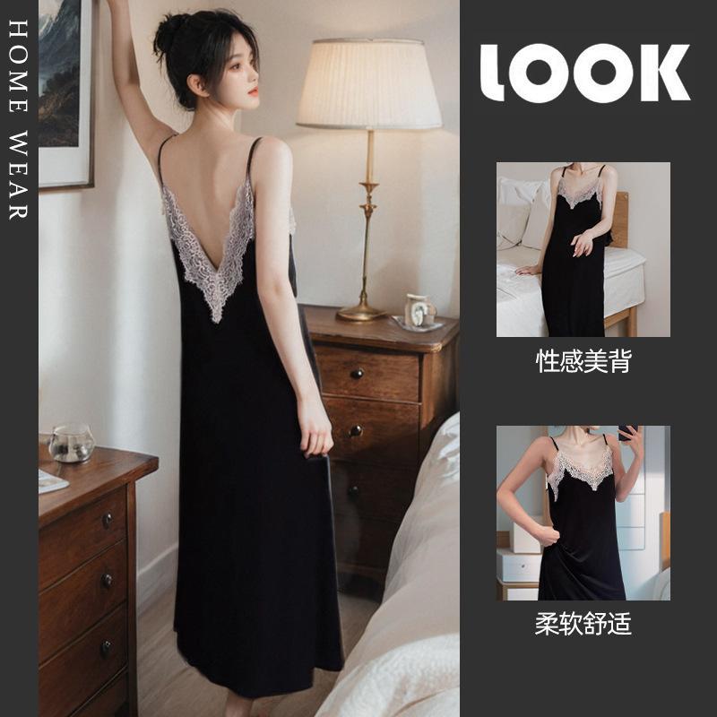 Suspender nightdress summer women s black lace backless sexy pajamas summer modal dress loungewear M
