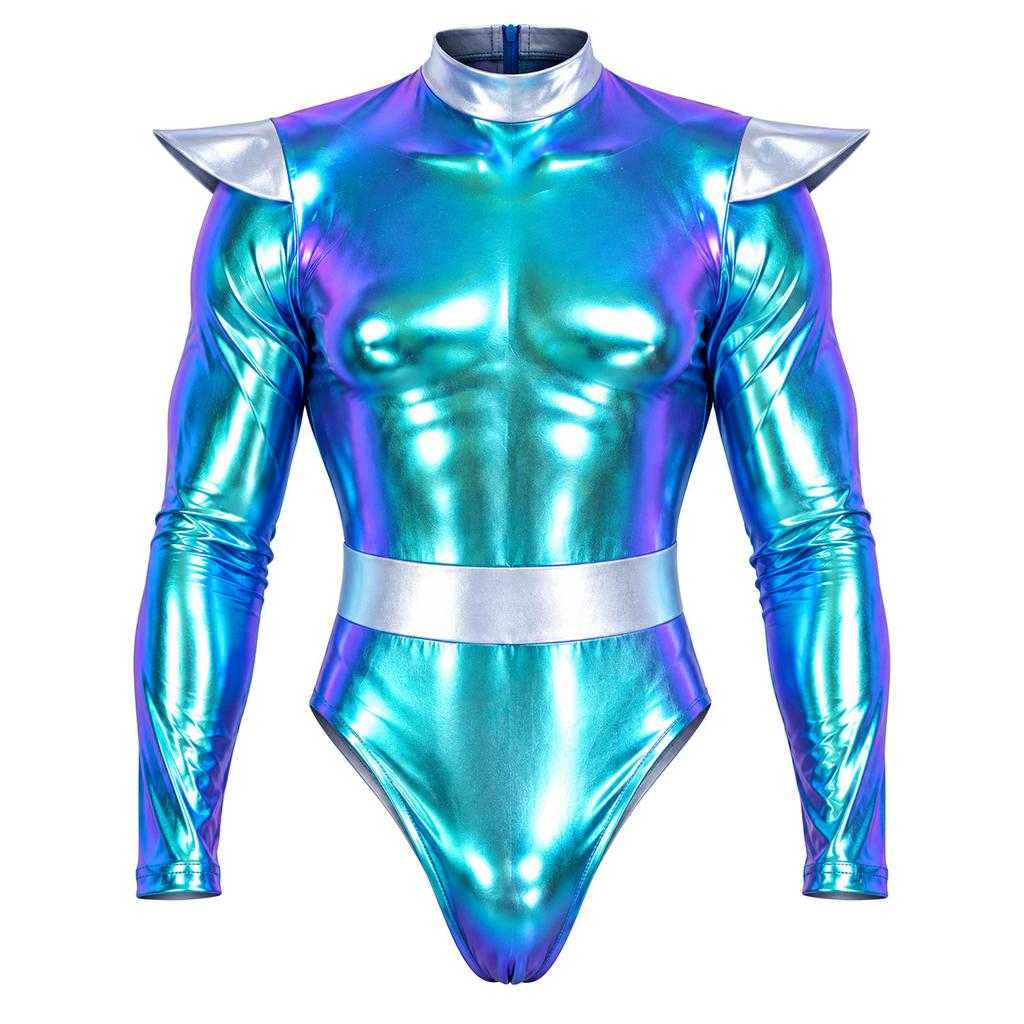 Men Halloween Alien Costume Metallic Bodysuit Color Block Mock Neck Long Sleeve Back Zip Leotard for Cosplay Stage Show