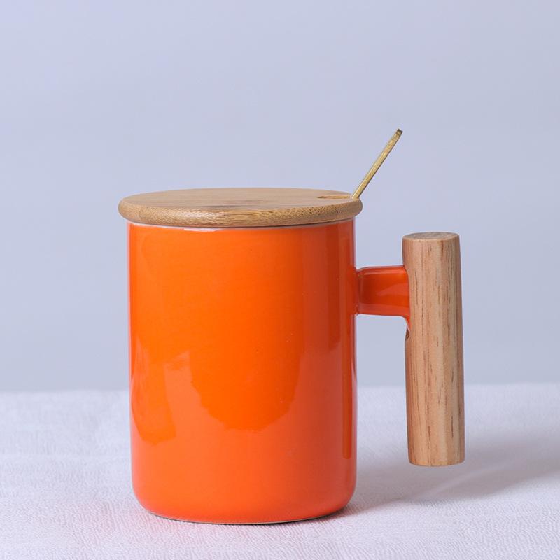 Wooden handle Ceramic cup Coffee cup, mug with lid spoon