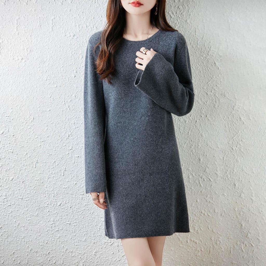 2025 Autumn/Winter Pure Wool Plus Size Round Neck Knitwear - Mid-Length Long Sleeve, Simple Style