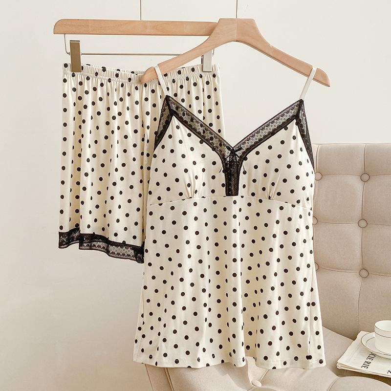 Girly Polka Dot Modal Camisole Pajama Set with V-Strap and Padding - Comfortable Summer Homewear