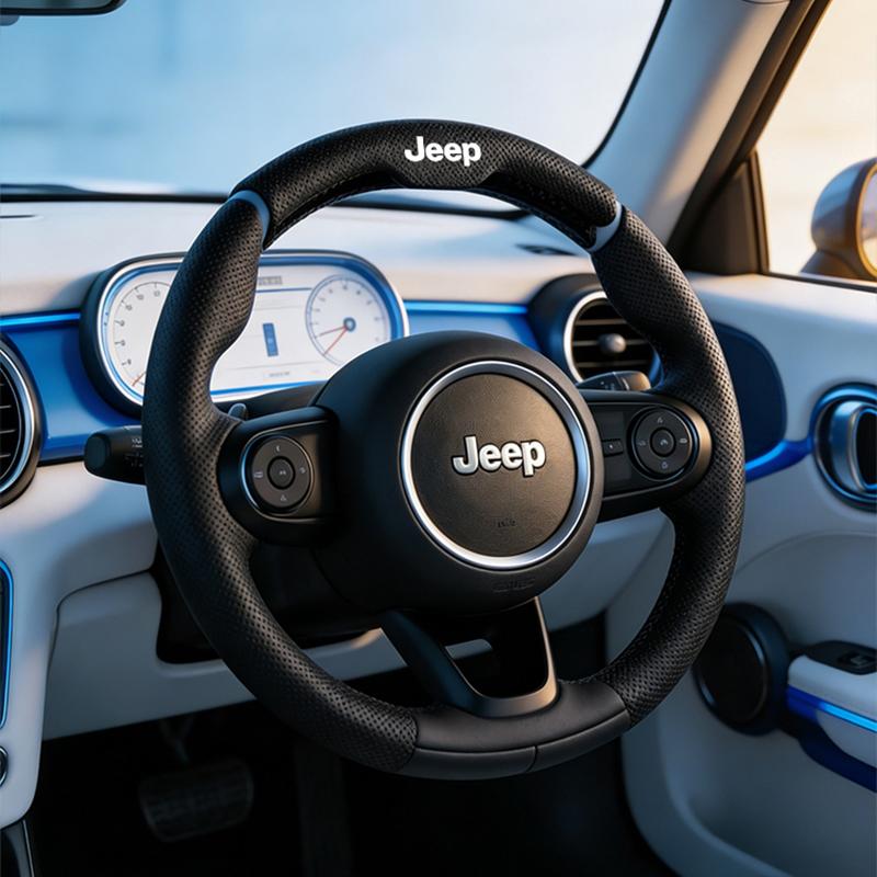 Car Leather Steering Wheel Sleeve Breathable Grip Handle Cover For Jeep Renegade Wagoneer Avenger Recon Wrangler JK Valve Stem ANT1