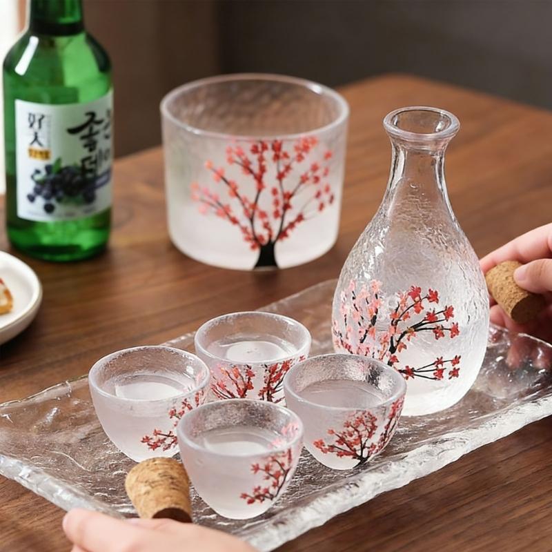 Elegant Japanese Flower Glass Sake Bottle Set Includes 1 Carafe And 4 Matching Cups with 1 Tank For Traditional Drinking