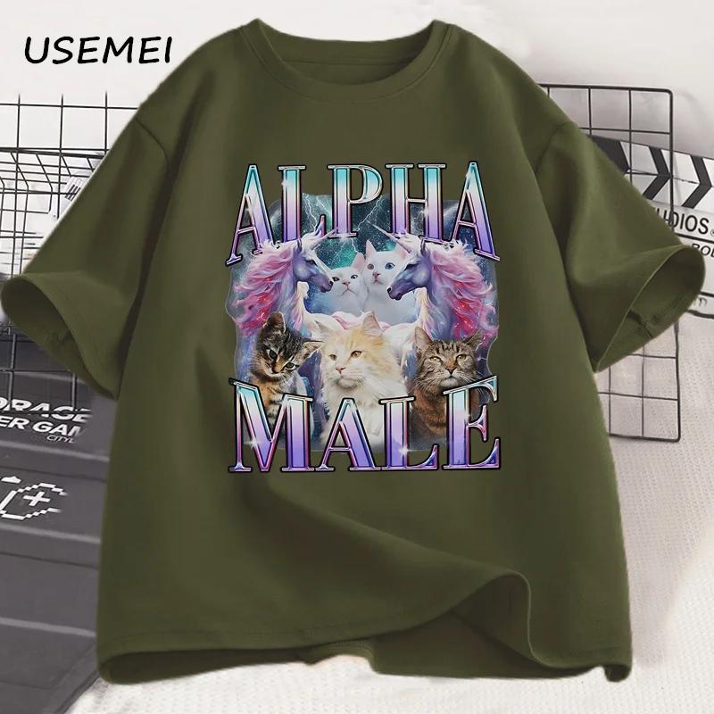 Alpha Male Unicorn Cat T-Shirt Men Ironic 90s Vintage Funny Rainbow Meme Tee Shirt Weird Cat T Shirt Casual Cotton Clothes