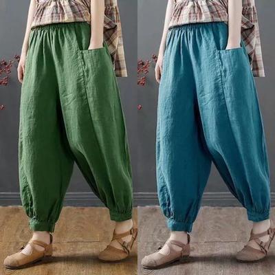 Women Cotton Blended Harem Pants Summer Oversized Bloomers Solid Ankle-Length Wide Leg Pants Casual Trousers