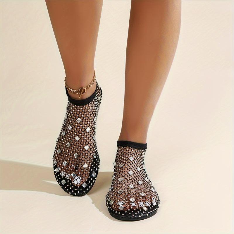 Lightweight Women's Colorful Rhinestone Sandals, Breathable Flat Mesh Glitter Beach Shoes for Water Seaside