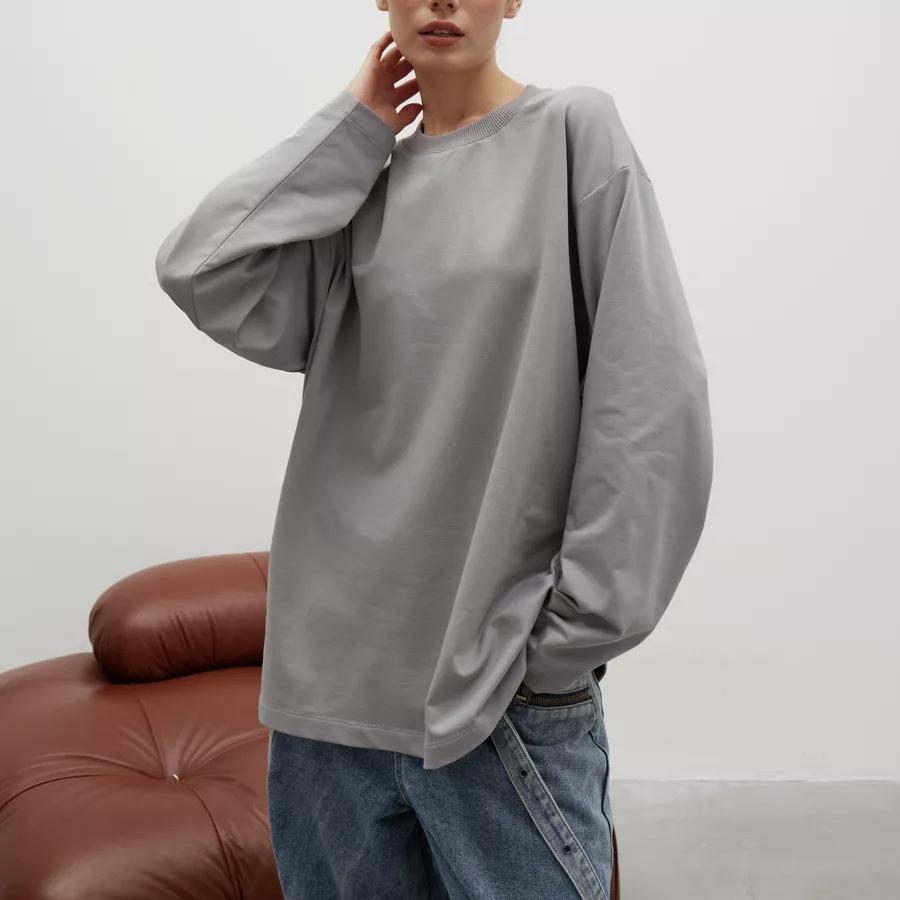 260g Pure Cotton Solid Colour Long Sleeve T-Shirt Women Loose Casual Round Neck Top