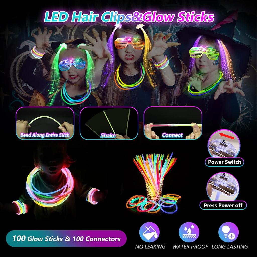 148 PCS Glow in the Dark Party Supplies, 16PCS Foam Glow Sticks, 16PCS LED Glasses,100PCS Glow Sticks Bracelets and 16Pcs LED Hair Clips Fiber Optic