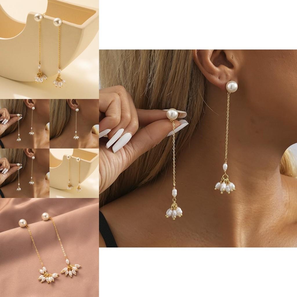 Trendy Geometric Pearl Earrings Classic Gold Long Tassel Chain Earrings For Women