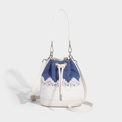 French Lace Fortune Drawstring Bucket Bag for Women 2025 Summer New Denim Color-Block Handbag Shoulder Crossbody Bag