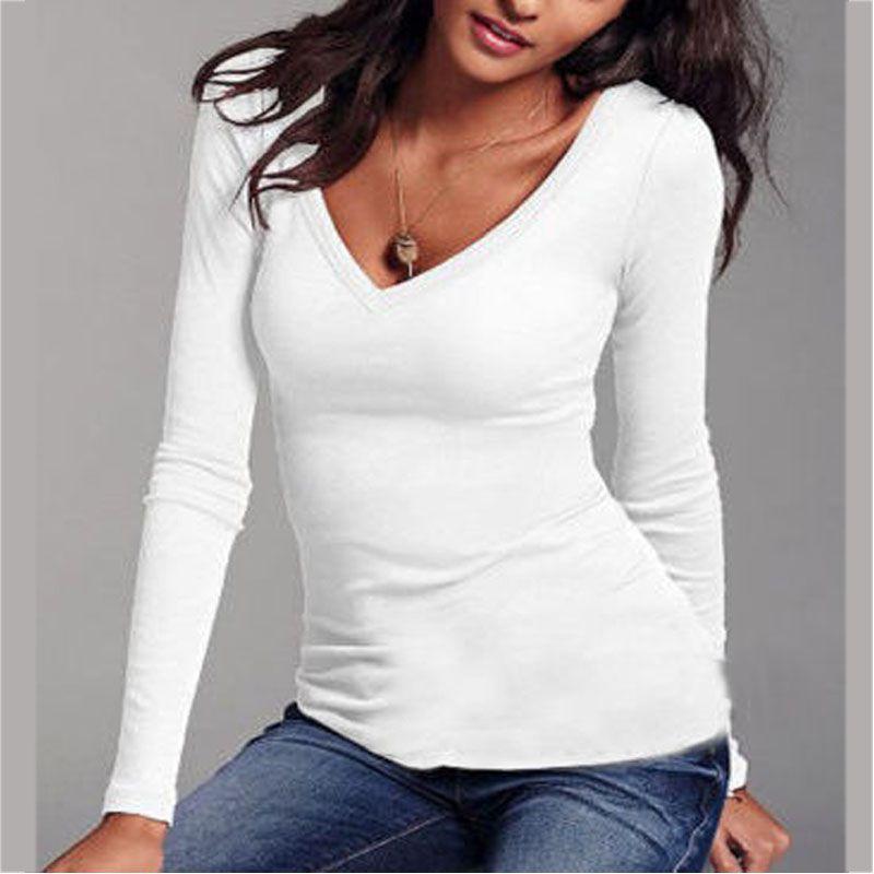 Elegant Autumn And Winter Long-sleeved Solid Color T-shirt V-neck Slim Bottoming Shirt