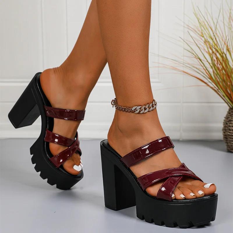 Fashion Cross Band Super High Heels Sandals Women Plus Size Pu Leather Chunky Platform Slippers Thick Sole Non Slip Square Heels Shoes