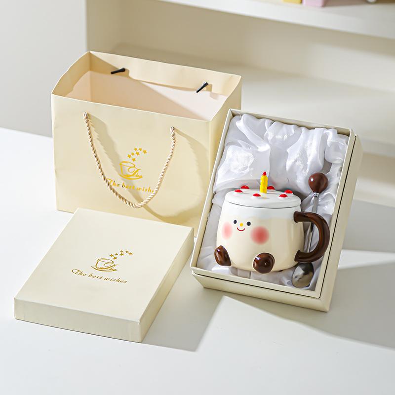 Creative Cartoon Cake Cup Birthday Gift Souvenir Ceramic Cup Cute Good Looking Water Cup with Lid Mug