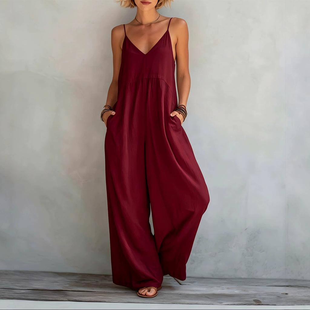 Damen Ärmelloser V-Ausschnitt Weiter Bein Lockerer Jumpsuit Lässiger Sommer-Strampler mit Taschen Leichtes Bequemes Design