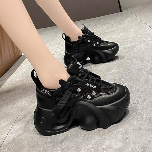 2025 Autumn Women Chunky Sneakers Breathable Mesh Casual Shoes 7.5CM Heels Fashion Trainers Lace-Up Platform Dad Shoes Woman