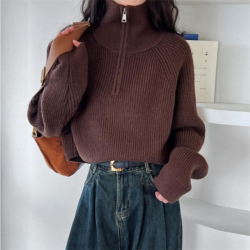 Half-zipper sweater women's loose outer wear autumn and winter new pullover short high-waisted design bottoming knitted sweater top