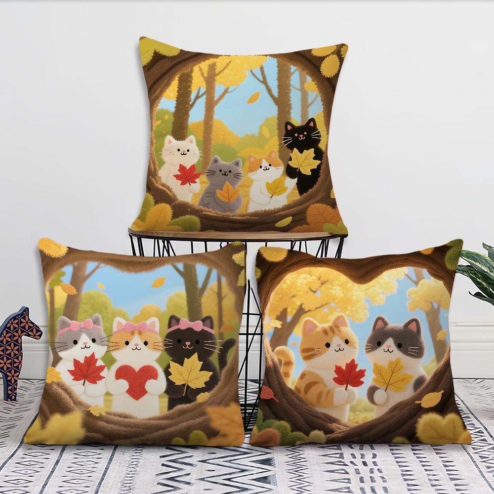 Cartoon Kitten Autumn Cute cushion cover Pillow Cover Decoration Room Home Sofa living Office Car Nordic Simplicity